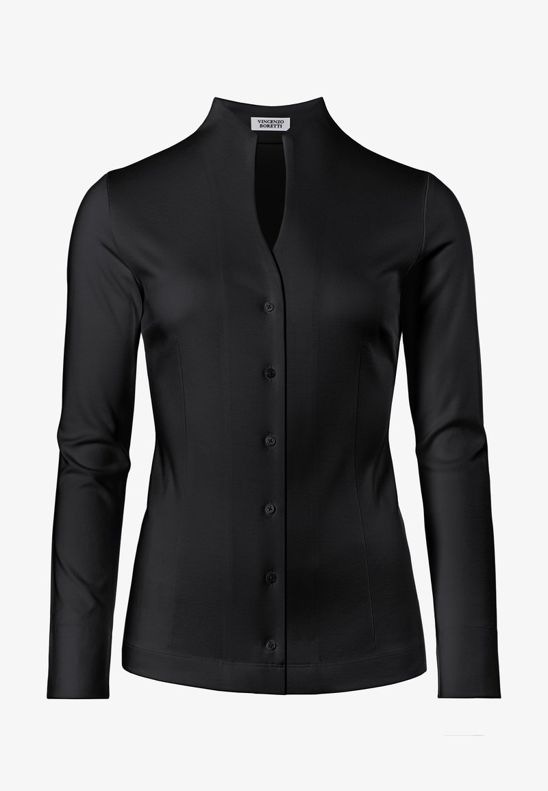 Black button-up shirt with long sleeves, high mandarin collar, and smooth fabric. Features a front placket with six buttons and fitted design.