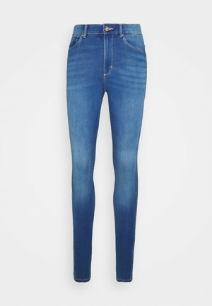 Blaue Jeans aus Denim mit hoher Taille, schmalem Schnitt, Fünf-Taschen-Design und leichten Ausbleichungen an den Oberschenkeln. Verstärkter Nähte und Metallknopf.