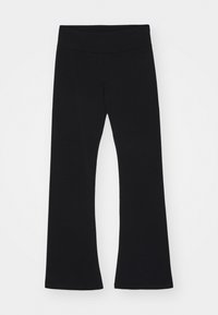 Black flared pants made of soft fabric, featuring a wide waistband and a smooth texture with no visible patterns or hardware.
