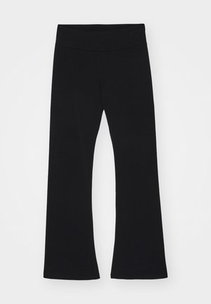 Schwarze ausgestellte Hosen aus weichem Material, mit einem breiten Bund und einer glatten Textur ohne sichtbare Muster oder Beschläge.
