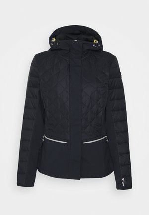 Black insulated jacket with a quilted upper section, two zippered pockets, a fitted hood, and contrasting fabric textures.