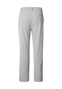 Pantalon gris clair à coupe décontractée, taille élastique, deux poches arrière, et texture lisse adapté pour un usage décontracté.