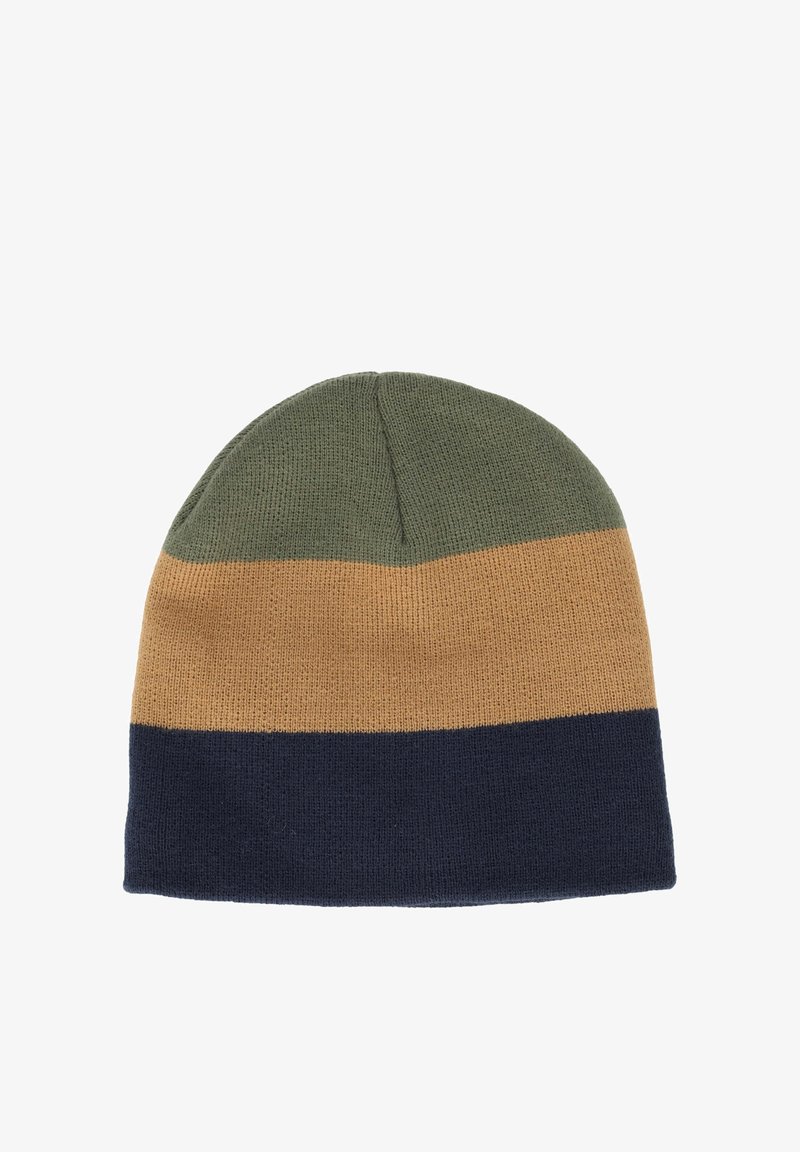 Gebreide beanie met groene, beige en marineblauwe horizontale strepen. Zachte textuur, afgeronde bovenkant en opgerolde zoom. Geschikt voor casual kleding.