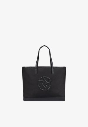 Black tote bag made of durable fabric, featuring two sturdy handles, embossed logo, and a textured bottom for added grip.