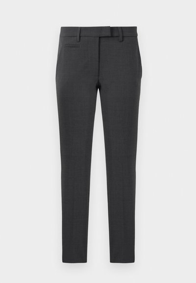 Slim-fit tamno sivi hlače od teksturiranog materijala, s ravnim prednjim dijelom, bočnim džepovima i klasičnim strukom.