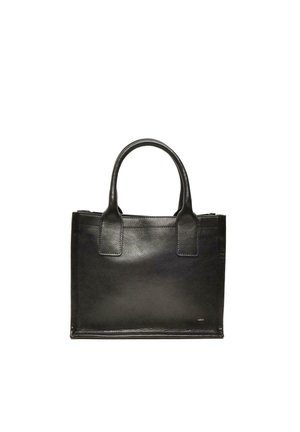 Zwarte leren tote bag met twee handvatten aan de bovenkant, rechthoekige vorm, gladde textuur en minimalistisch ontwerp. Geen zichtbare logo's of patronen.