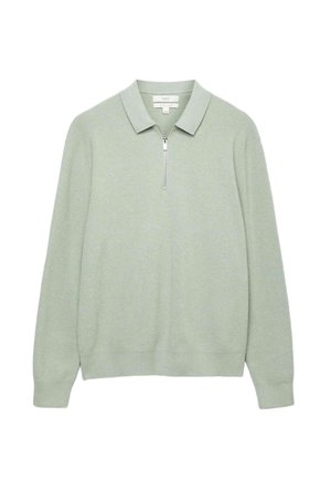 Lichtgroene trui met ritskraag, lange mouwen, geribbelde textuur en een rechte zoom. Gemaakt van zacht materiaal.