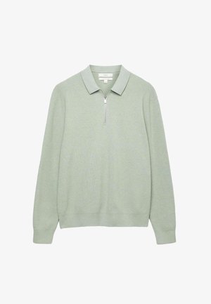 Hellgrüner Pullover mit Reißverschlusskragen, langen Ärmeln, geripptem Muster und geradem Saum. Aus weichem Material gefertigt.