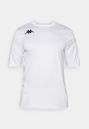 Weißes Sporthemd mit kurzen Ärmeln, Rundhalsausschnitt und schwarzem Kappa-Logo auf der rechten Schulter.