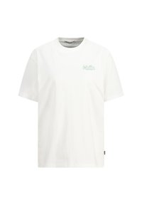 White cotton t-shirt featuring short sleeves and a round neck, with a small mint green logo printed on the left chest area.