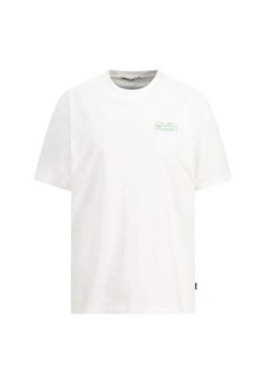 Witte katoenen t-shirt met korte mouwen en een ronde hals, met een klein mintgroen logo gedrukt op de linkerborst.