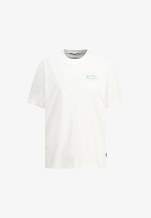 White cotton t-shirt featuring short sleeves and a round neck, with a small mint green logo printed on the left chest area.