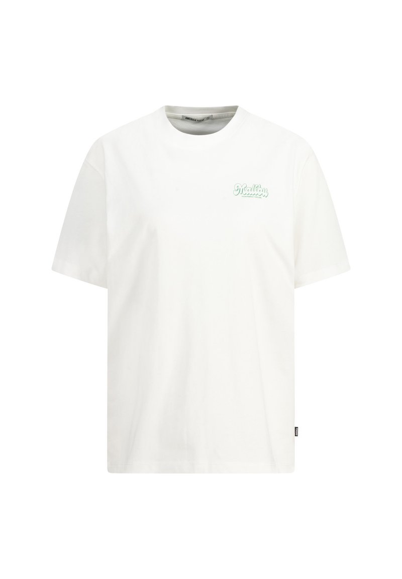 White cotton t-shirt featuring short sleeves and a round neck, with a small mint green logo printed on the left chest area.
