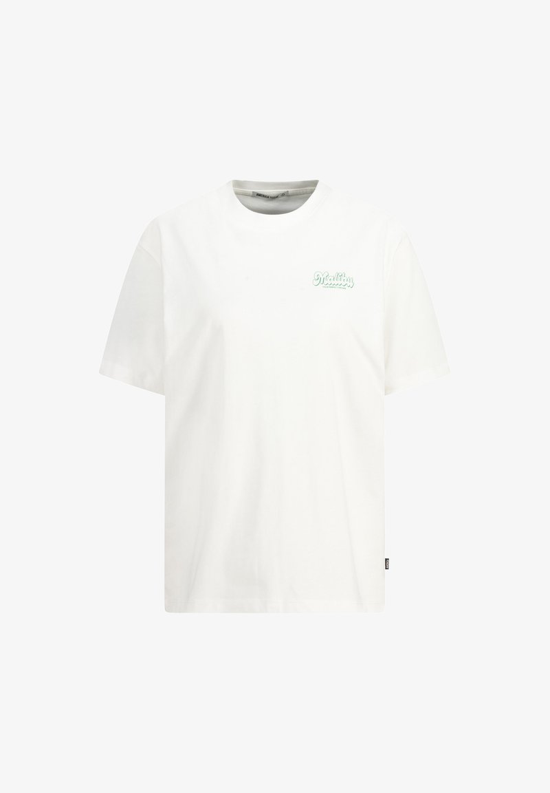 Valkoinen puuvillapaita, jossa on lyhyet hihat ja pyöreä kaula-aukko. Vasemmassa rinnassa on pieni mintunvihreä logo.