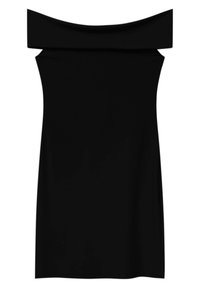 Robe noire à épaules dénudées avec une silhouette droite, une texture lisse et un ourlet à hauteur du genou. Aucun motif ni élément métallique visible.