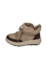 Beige- und braune Wanderschuhe mit einer strukturierten Oberfläche, dicker Sohle, kuscheligem Innenfutter und gemusterten Schnürsenkeln. Verfügt über einen gepolsterten Kragen für zusätzlichen Komfort.