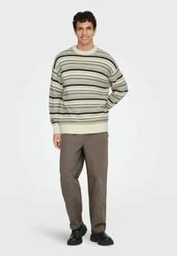 Sweter w paski w kolorach kremowym, zielonym i brązowym, z okrągłym dekoltem i ściągaczami przy rękawach. W zestawie ze luźnymi brązowymi spodniami i czarnymi butami.