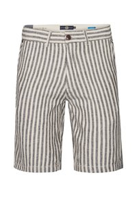 Gestreepte beige en marineblauwe shorts met een knoopsluiting, voorzien van zakken en een rechte pijpdesign, gemaakt van een lichtgewicht stof.