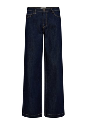 Donkerblauwe wijde jeans van denim, met een hoge tailleband, vijf-pocket ontwerp en contrasterende stiksels. Soepele textuur.