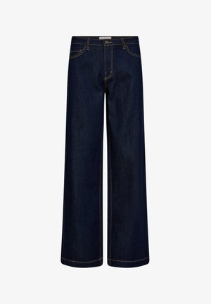 Donkerblauwe wijde jeans van denim, met een hoge tailleband, vijf-pocket ontwerp en contrasterende stiksels. Soepele textuur.