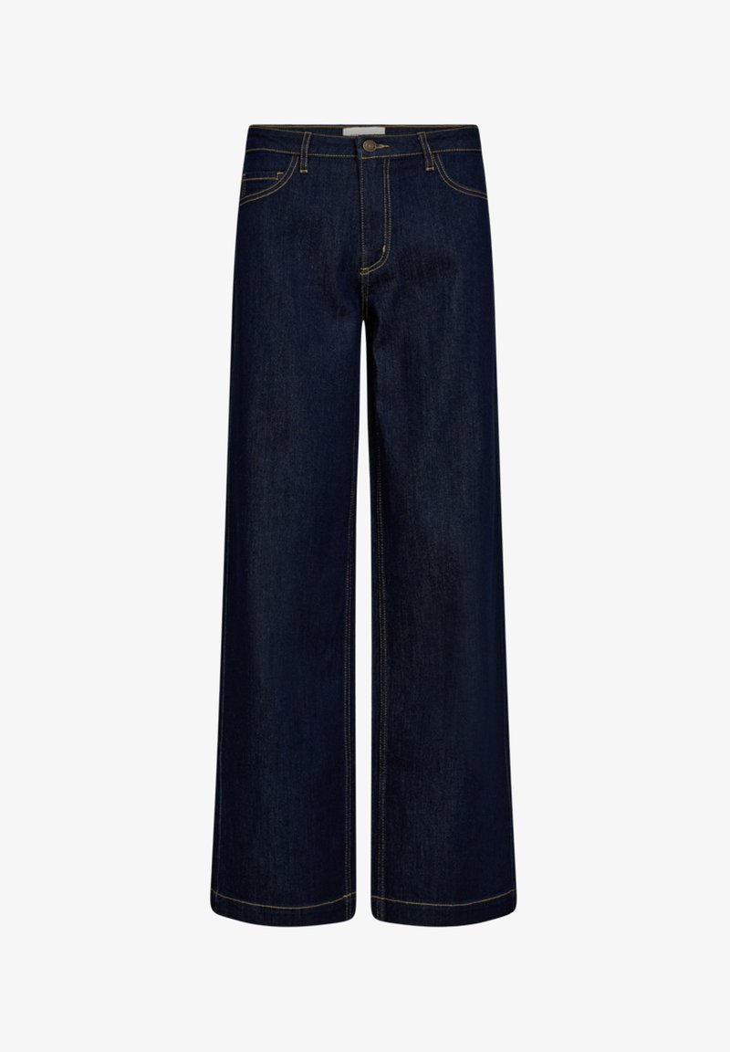 Donkerblauwe wijde jeans van denim, met een hoge tailleband, vijf-pocket ontwerp en contrasterende stiksels. Soepele textuur.