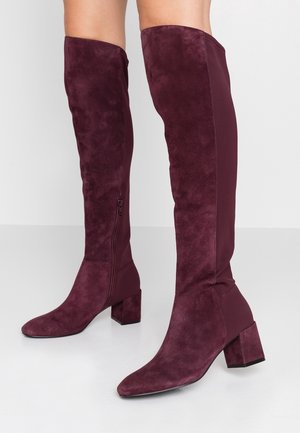 Bottes hautes pour femmes en daim violet foncé avec talons carrés et fermeture éclair latérale, portées sur une peau claire sur fond blanc.