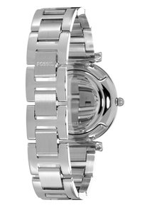 Montre en acier inoxydable argenté avec un bracelet à maillons, textures métalliques polies et brossées, un boîtier rond et un cadran simple.