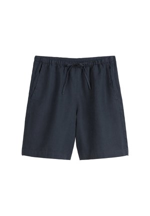 Navy blue linen shorts with an elastic waistband, drawstring, and side pockets; lightweight, relaxed fit.