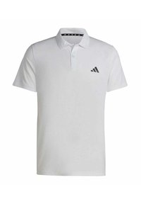 Witte polo met korte mouwen, gemaakt van stof met een gestructureerde afwerking. Bevat een zwart logo op de linkerkant van de borst en een knoopsluiting met twee knopen.