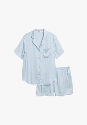 Hellblaues Satinh-Hemd mit kurzen Ärmeln, Brusttasche und passender Shorts mit elastischem Bund als Pyjama-Set