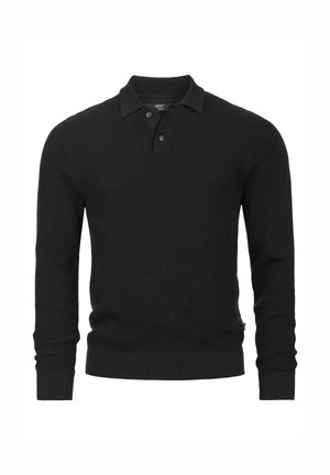 Sort strikket langærmet polo skjorte med en klassisk krave, knaplukning og ribbede manchetter og kant for en tekstureret finish.