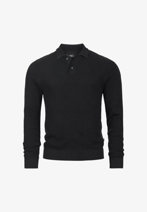Polo shirt nera a maniche lunghe in maglia con colletto classico, bottoni frontali e polsini e orlo a costine per un tocco di texture.