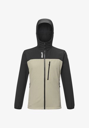 Kapuzenjacke mit schwarzen Ärmeln und Oberkörper, beigem Torso, Frontreißverschluss, Reißverschlusstasche auf der Brust und "MILLET"-Logo auf der Brust und dem Ärmel.