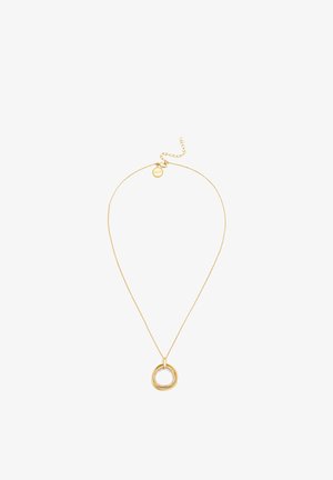 Gold necklace with a thin chain, featuring a textured circular pendant that is intertwined with a smooth ring, includes an adjustable clasp.
