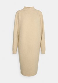 Vestito maglione beige lavorato a maglia con un alto colletto a coste, maniche lunghe e una silhouette rilassata, che finisce appena sopra il ginocchio. Tessuto morbido.