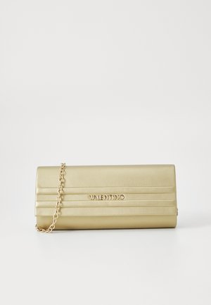 Gold metallic clutch bag with a flap closure, featuring pleated detailing and a gold chain strap. Brand name "VALENTINO" embossed on front.