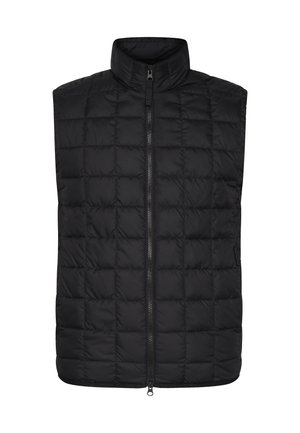 Sort quiltet ærmeløs vest med høj krave og lynlåslukning foran, designet til varme og let komfort.