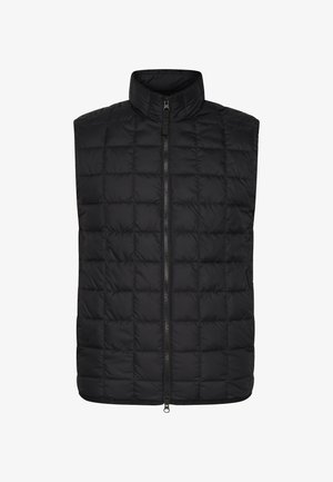 Czarna pikowana kamizelka bez rękawów z wysokim kołnierzem i zapięciem na zamek z przodu, zaprojektowana z myślą o cieple i lekkim komforcie.