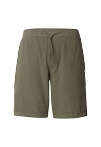 Shorts vert olive en tissu doux, dotés d'une taille élastique avec cordon de serrage et poches latérales. Design uni sans motifs.
