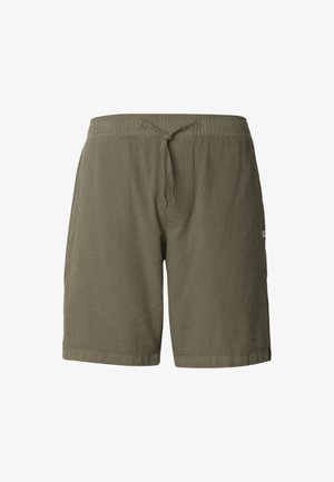 Oliivirohelised lühikesed püksid, valmistatud pehmest kangast, millel on elastne vöökoht nööriga ja küljetaskud. Lihtne ilma mustriteta disain.