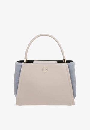 Beige und hellblaue Tragetasche mit einer strukturierten Form, glatten und Wildleder-Oberflächen, einem einzelnen Griff und einem goldenen Akzentring auf der Vorderseite.