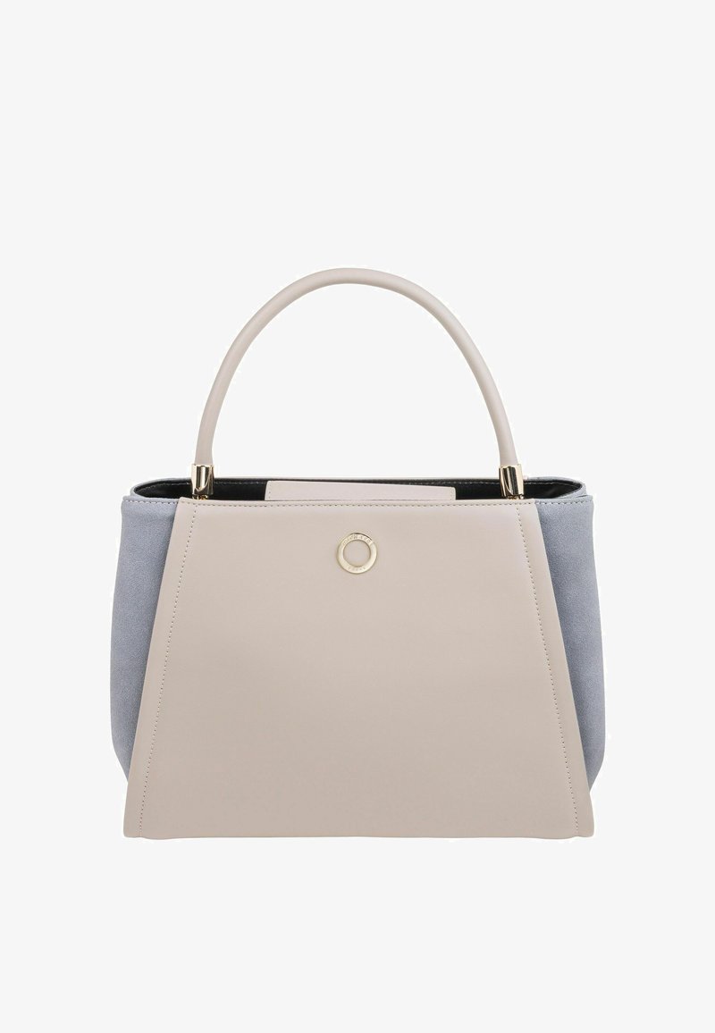 Beżowa i jasnoniebieska torba tote o zorganizowanym kształcie, gładkich i zamszowych fakturach, z jedną rączką i złotym akcentem w postaci pierścienia z przodu.