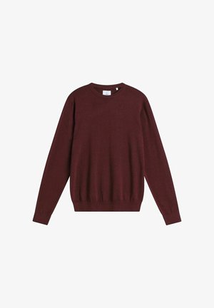 Dunkelrotes Sweatshirt mit Rundhalsausschnitt, langen Ärmeln und gerippten Bündchen sowie Saum. Hergestellt aus weichem Stoff mit glatter Textur.