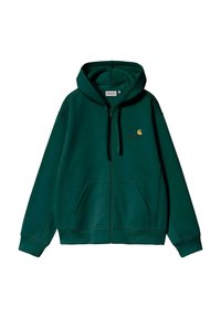 Sudadera con cremallera de color verde oscuro, hecha de un tejido suave. Cuenta con una cremallera frontal, dos bolsillos laterales y un pequeño logo dorado en el pecho.