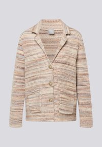 Knitted cardigan in beige and pastel stripes, featuring a notched collar, three buttons, and a front pocket on the left side.