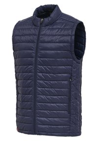 Granatowa pikowana kamizelka bez rękawów z zamkiem z przodu i zamykanymi na suwak bocznymi kieszeniami, wysokim kołnierzem i poziomym wzorem przeszyć.