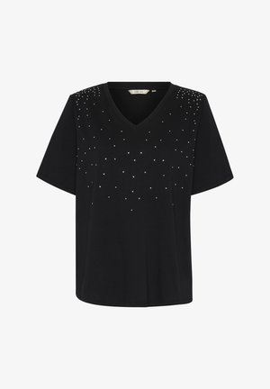 Mustapaitapusero, jossa on lyhyet hihat ja V-pääntie, koristeltu hajanaisesti hopeisilla strasseilla yläosassa, valmistettu pehmeästä kankaasta.