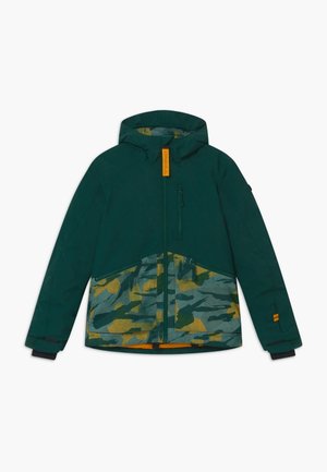 Donkergroene capuchonjack met voorrits, borstzak en camouflagepatroon in het onderste gedeelte in groene, gele en blauwe tinten.