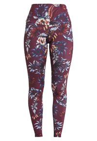 Legginsy o wysokim stanie w bordowym kolorze, z florystycznym wzorem w odcieniach niebieskiego, białego i żółtego. Wykonane z elastycznej, gładkiej tkaniny.