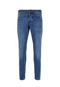 Vaaleansiniset farkut, joissa on slim fit -malli, hienovaraisia kulutuksia, viisi taskua ja klassinen nappikiinnitys.